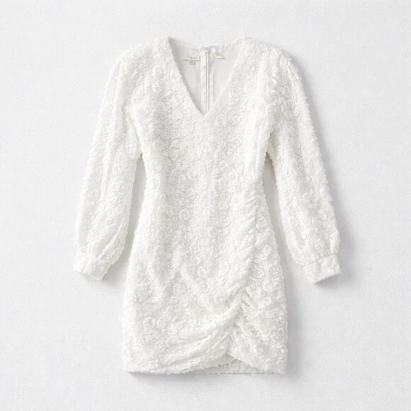 Just Me Dress Womens Size S White Floral Lace Mini Long Sleeve V-Neck Zip - Picture 3 of 7